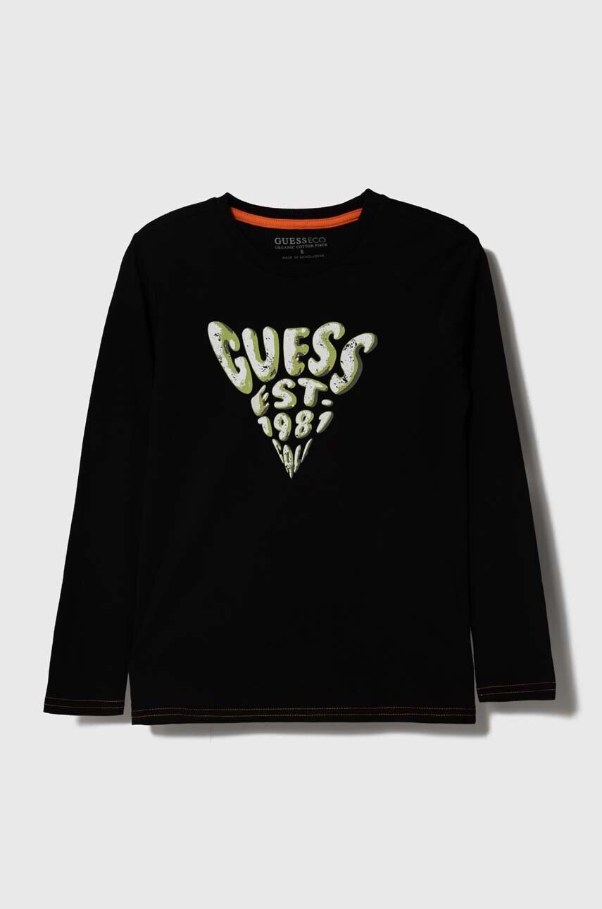 

Хлопковый детский лонгслив Guess цвет чёрный с принтом