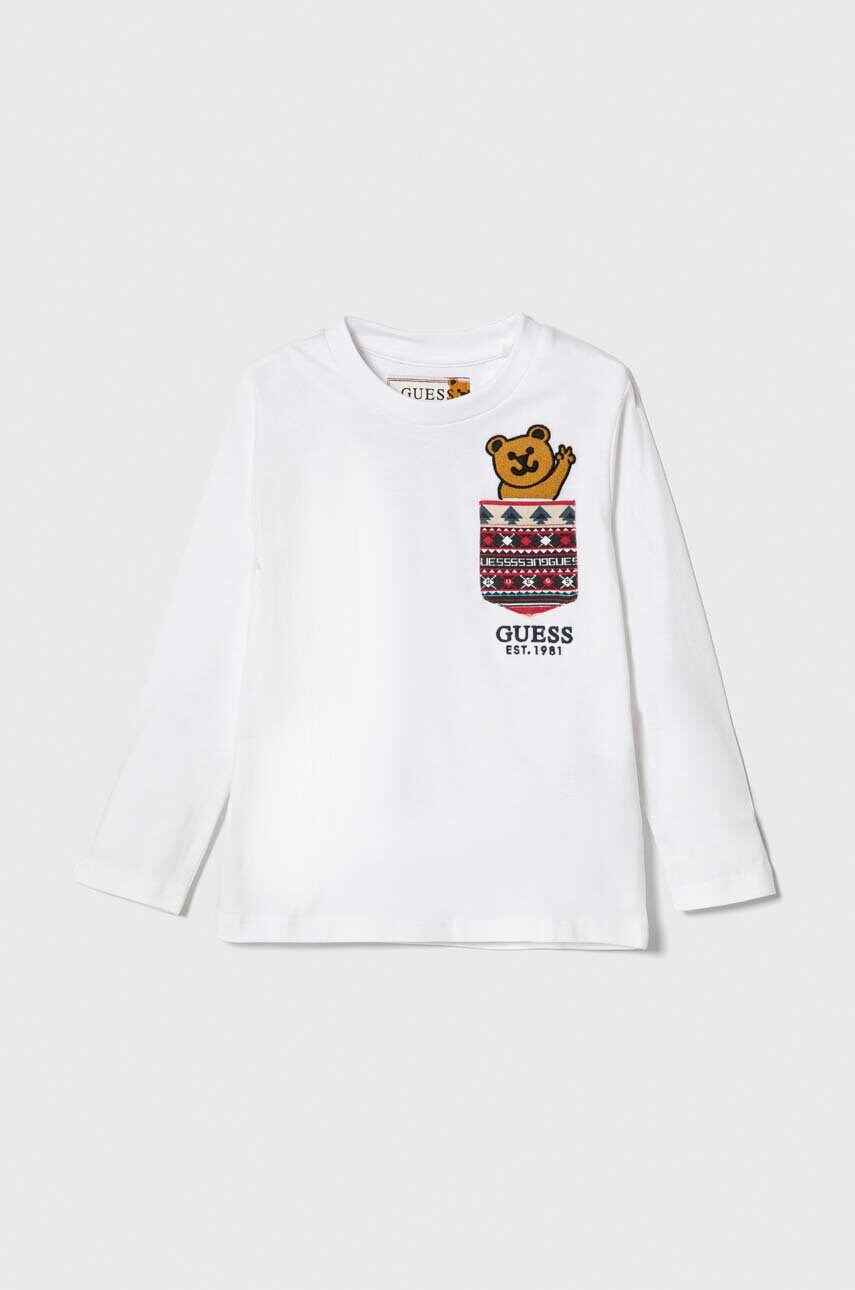 

Дитячий бавовняний лонгслів Guess колір білий з аплікацією