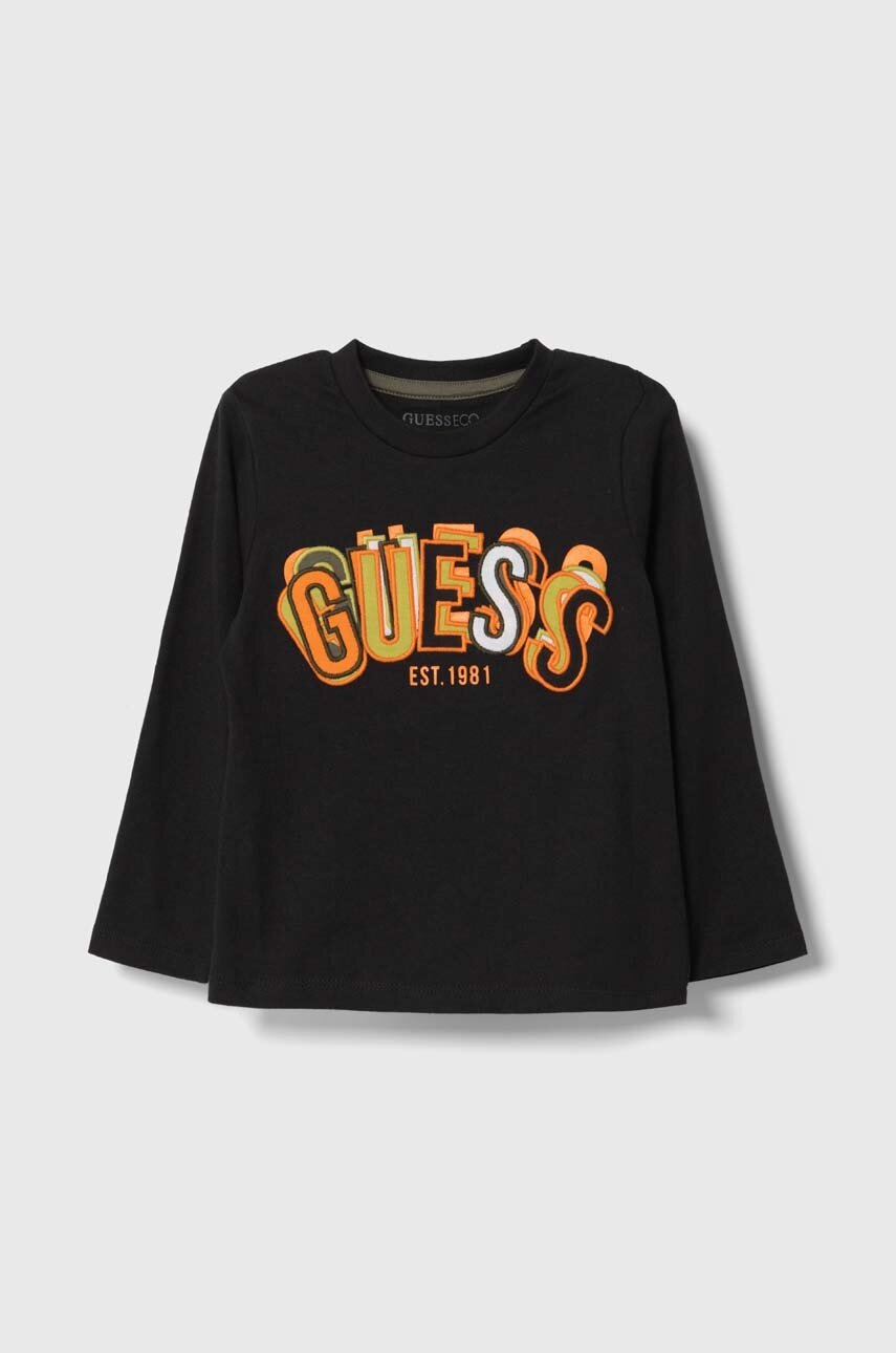 

Дитячий бавовняний лонгслів Guess колір чорний з аплікацією