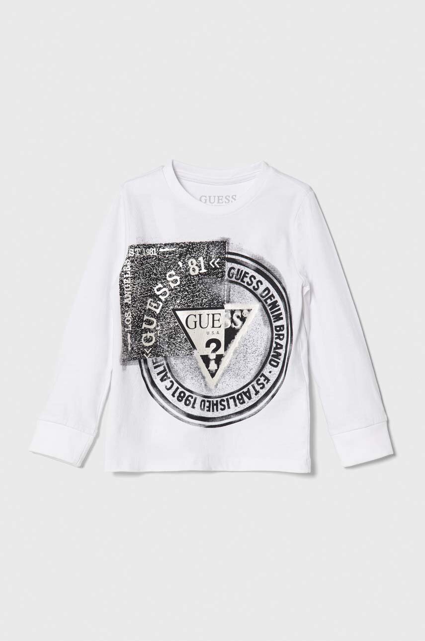 

Дитячий бавовняний лонгслів Guess колір білий з принтом