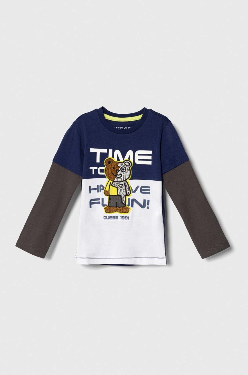 Хлопковый детский лонгслив Guess цвет синий узорный Хлопковый детский лонгслив Guess цвет синий узорный