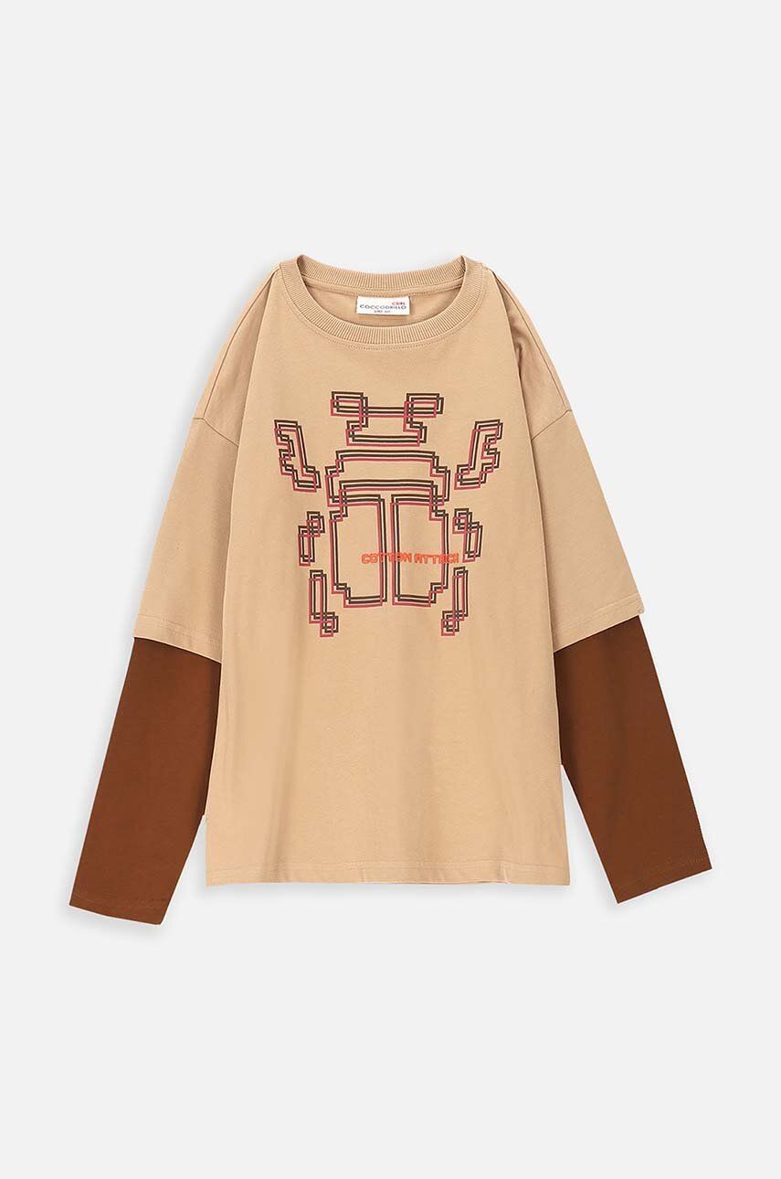 Levně Dětská bavlněná košile s dlouhým rukávem Coccodrillo béžová barva, s potiskem