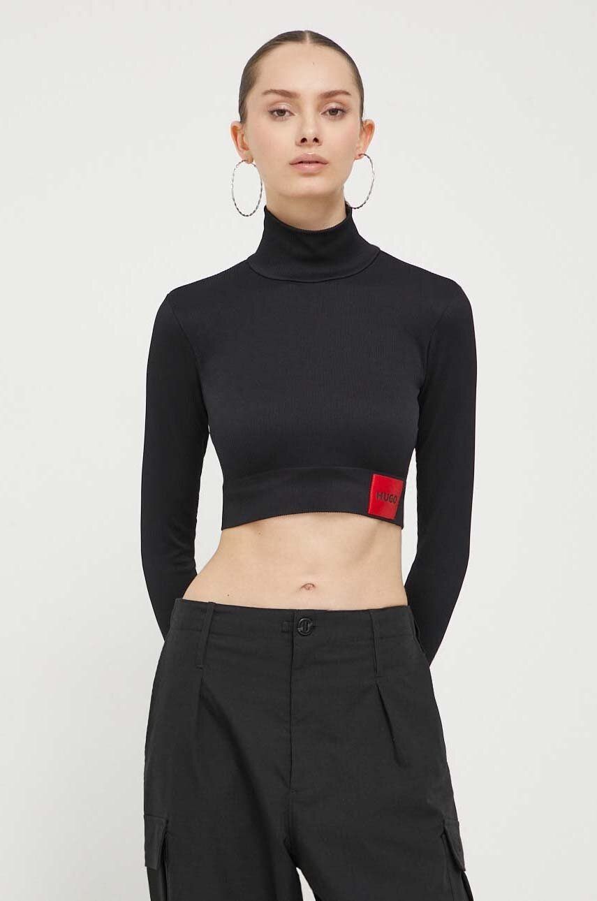 Hugo Longsleeve Femei, Culoarea Negru, Cu Guler