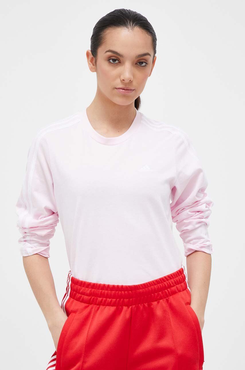 Levně Bavlněné tričko s dlouhým rukávem adidas růžová barva
