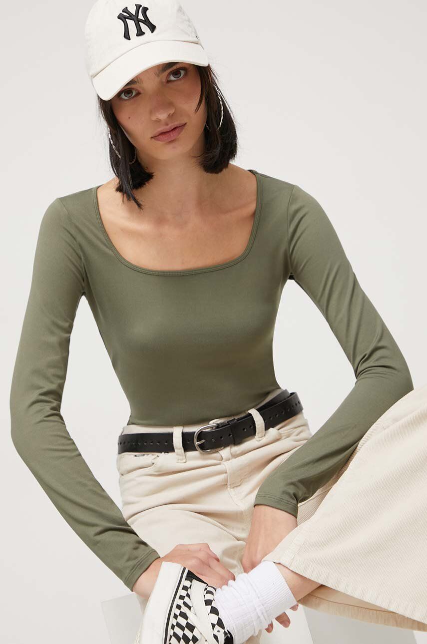 Tričko s dlouhým rukávem Hollister Co. zelená barva - zelená - 88 % Polyester