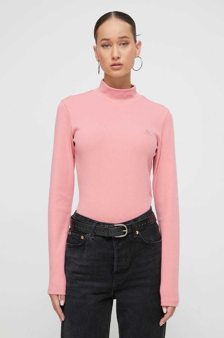 Tričko s dlouhým rukávem Dickies růžová barva, s pologolfem