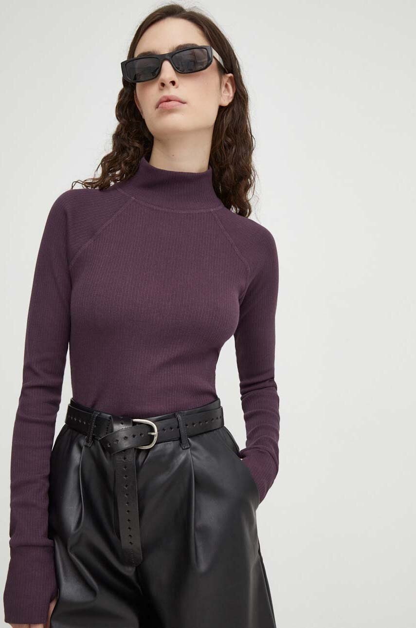 G-Star Raw longsleeve din bumbac culoarea violet, cu turtleneck