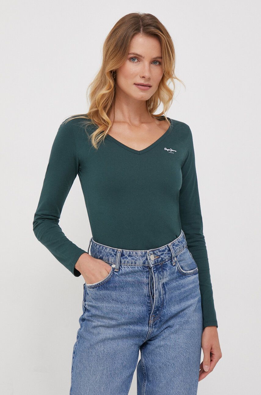 Levně Bavlněné tričko s dlouhým rukávem Pepe Jeans zelená barva