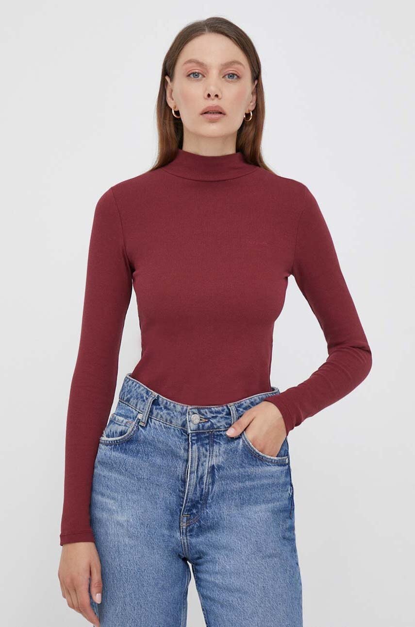 Pepe Jeans Longsleeve Femei, Culoarea Bordo, Cu Turtleneck