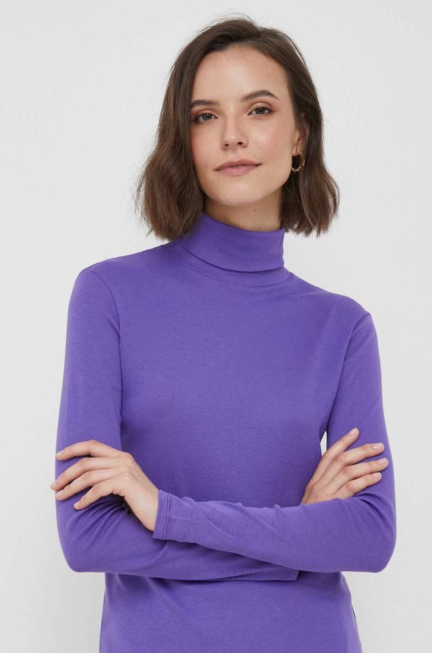 United Colors of Benetton longsleeve din bumbac culoarea violet, cu guler