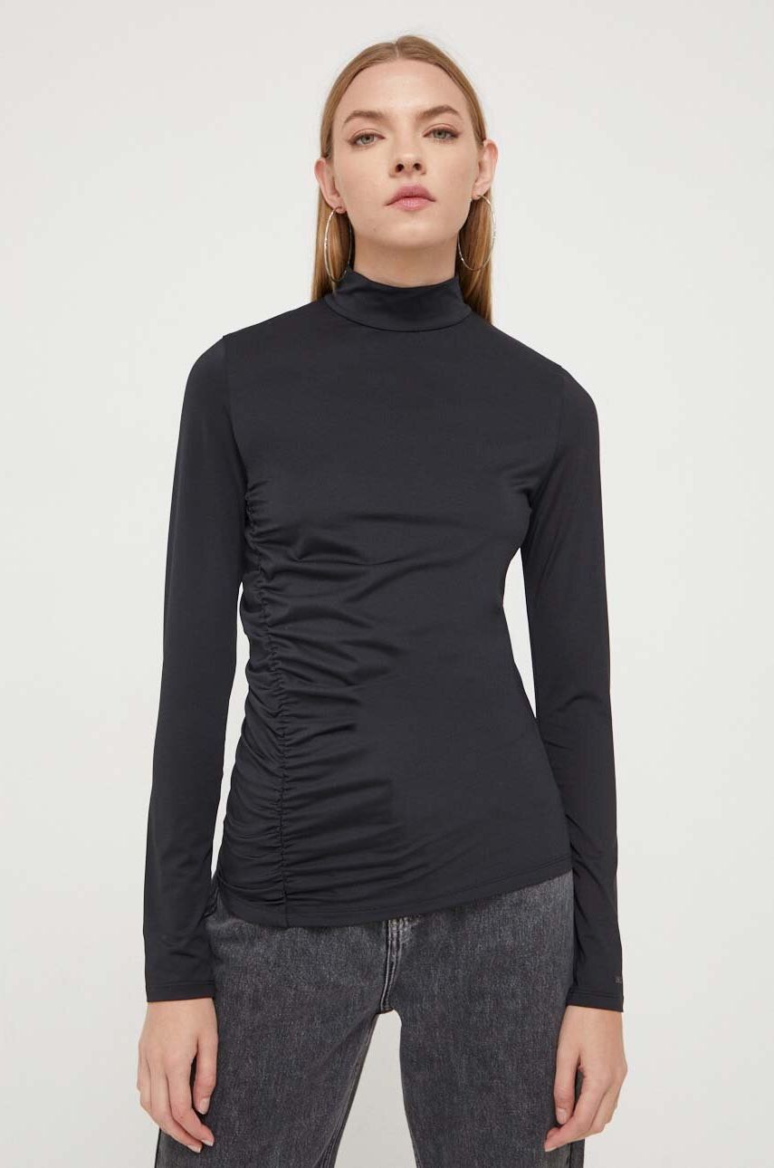 Tričko s dlouhým rukávem HUGO černá barva, s pologolfem - černá - 86 % Recyklovaný polyester