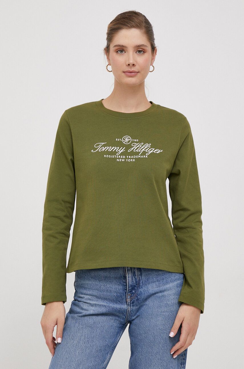 Bavlněné tričko s dlouhým rukávem Tommy Hilfiger zelená barva - zelená - 100 % Bavlna