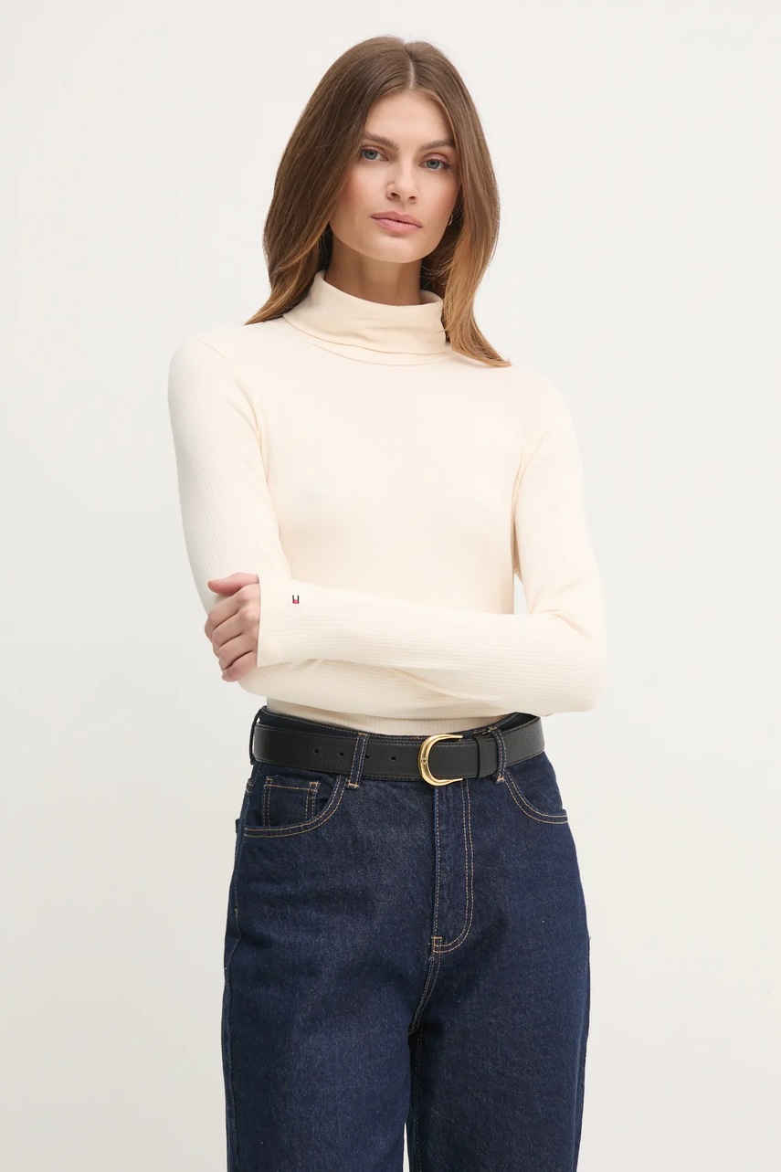 Levně Tričko s dlouhým rukávem Tommy Hilfiger béžová barva, s golfem