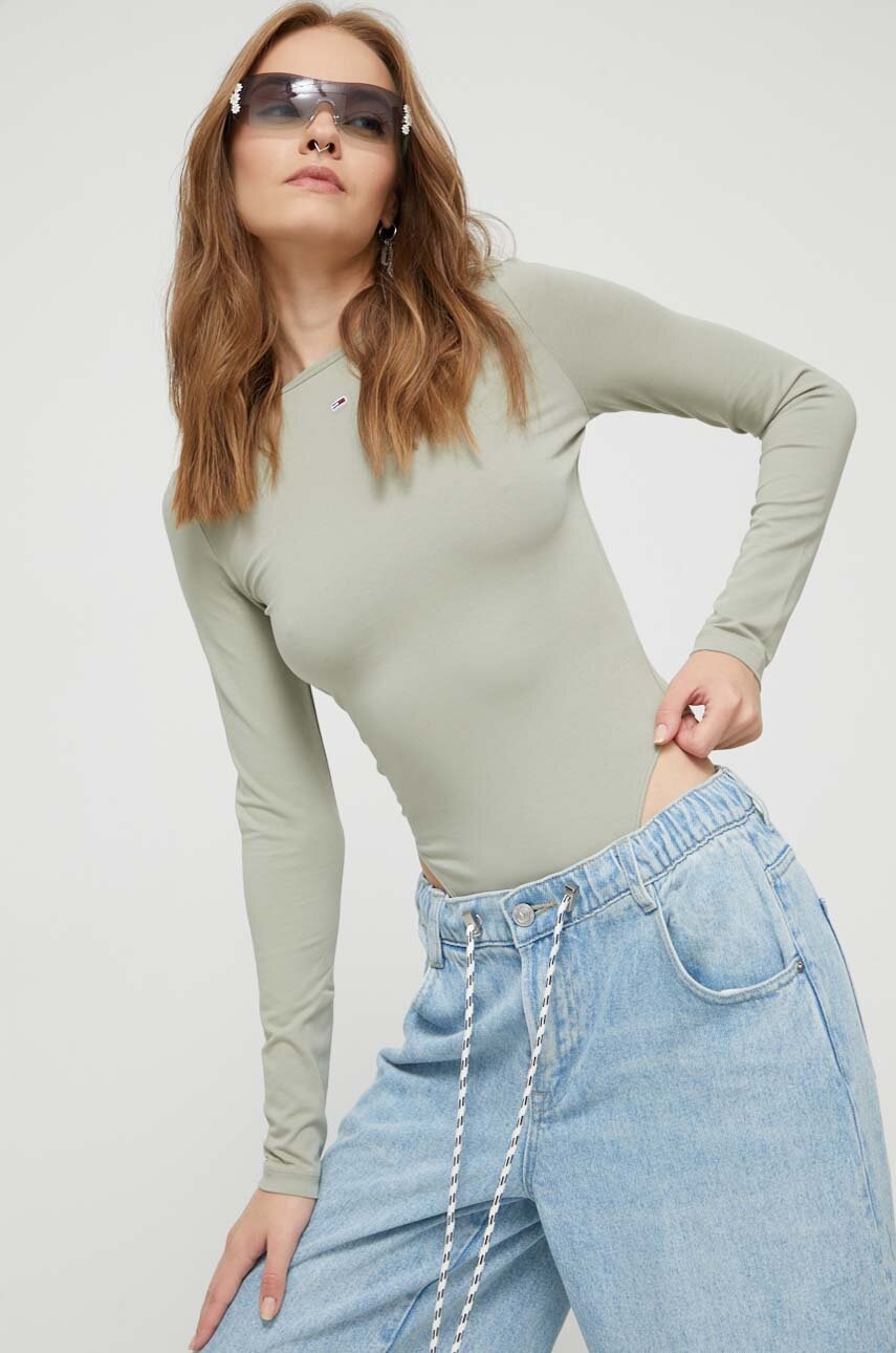 Body Tommy Jeans dámské, zelená barva - zelená - 95 % Bavlna