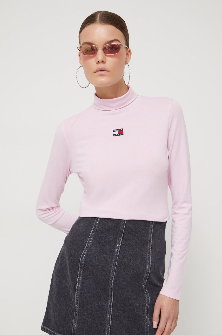 Tričko s dlouhým rukávem Tommy Jeans růžová barva, s golfem - růžová - 76 % Polyester