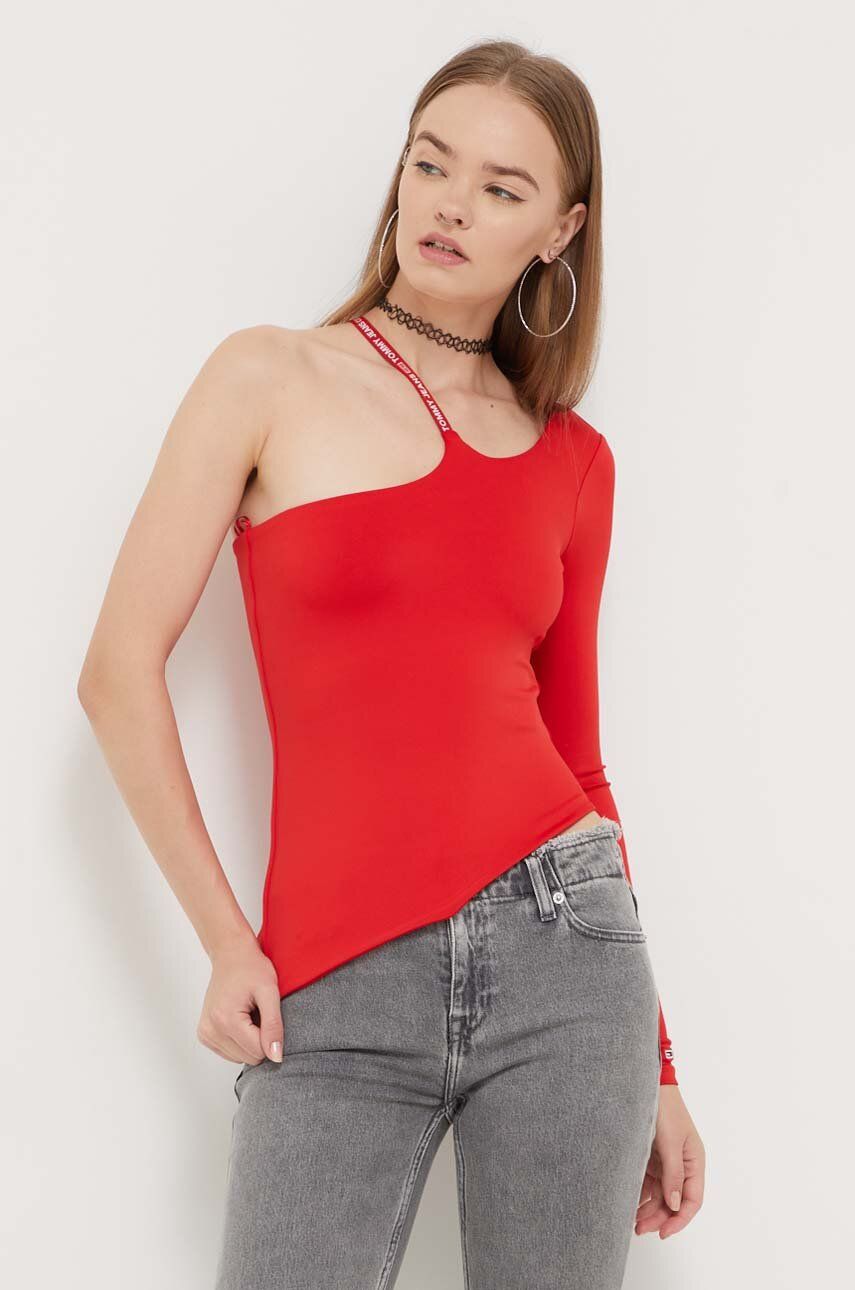 Tričko s dlouhým rukávem Tommy Jeans červená barva - červená - 92 % Polyester