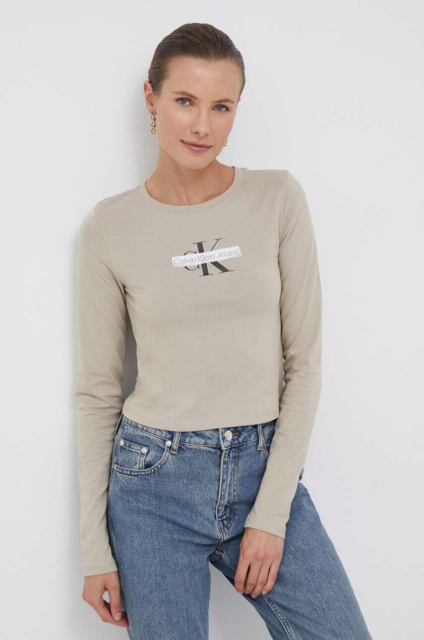 

Памучна блуза с дълги ръкави Calvin Klein Jeans в бежово, Бежов