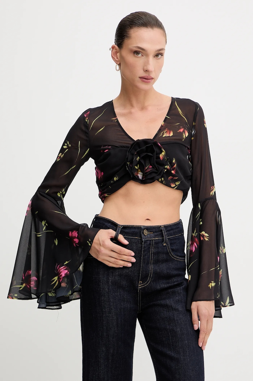 Rotate bluza culoarea negru, in modele florale Rotate bluza culoarea negru, in modele florale