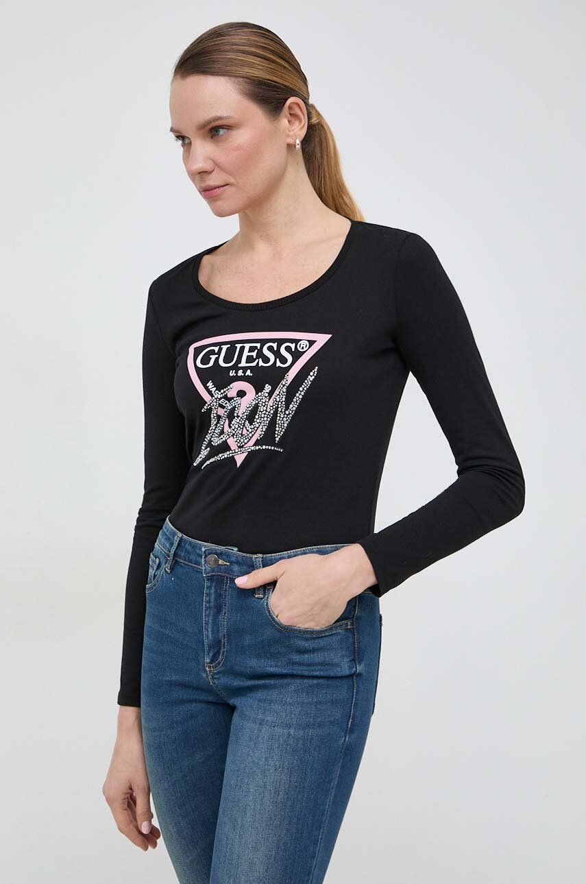 Levně Bavlněné tričko s dlouhým rukávem Guess ICON černá barva, W4RI42 I3Z14