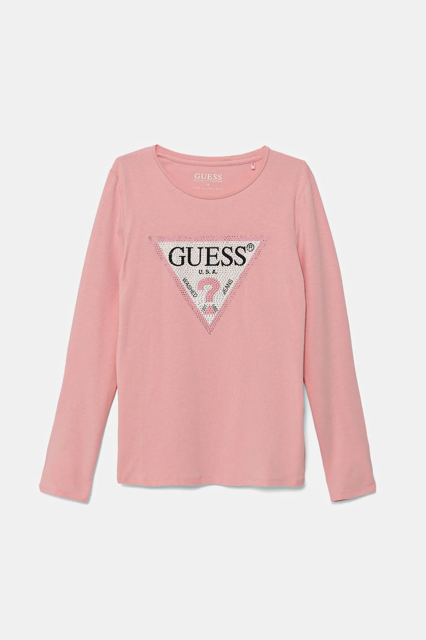 Dětské tričko s dlouhým rukávem Guess růžová barva