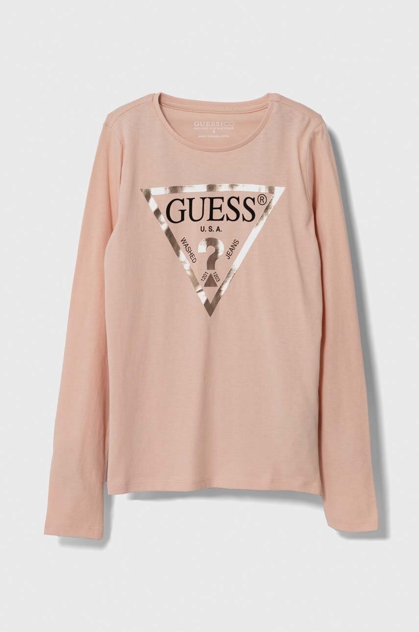 

Хлопковый детский лонгслив Guess цвет розовый