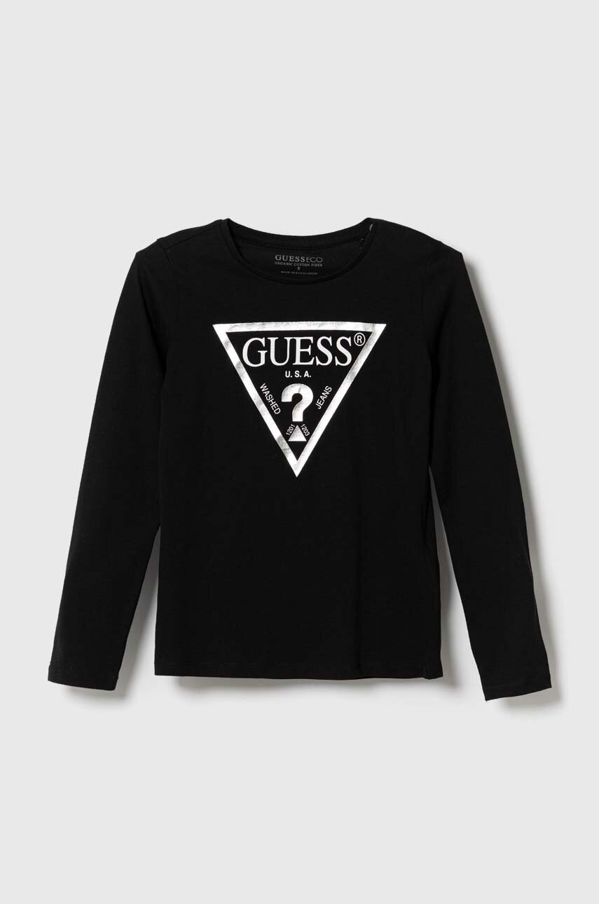 

Хлопковый детский лонгслив Guess цвет чёрный