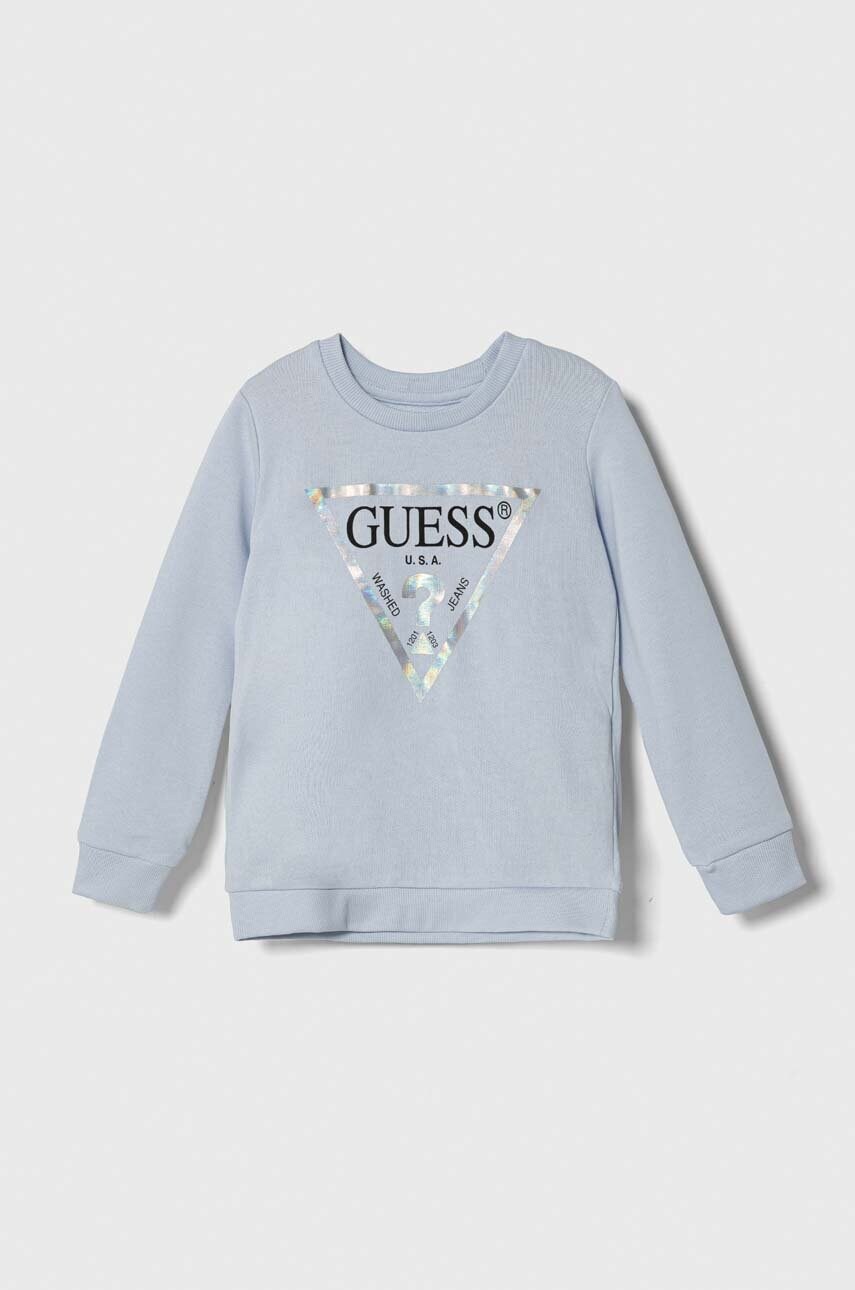 

Детски памучен суичър Guess в лилаво с принт, Син