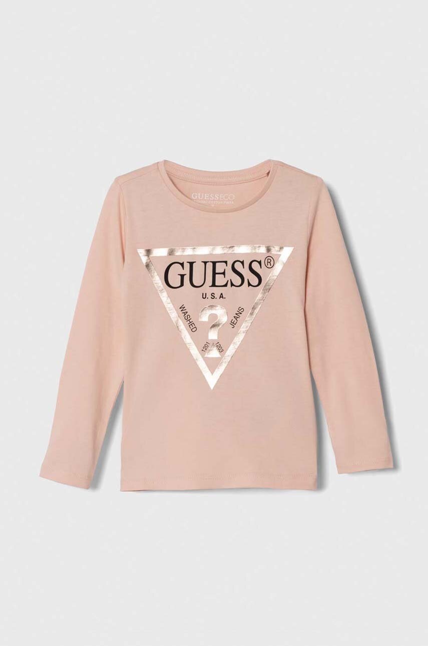 

Дитячий бавовняний лонгслів Guess колір рожевий