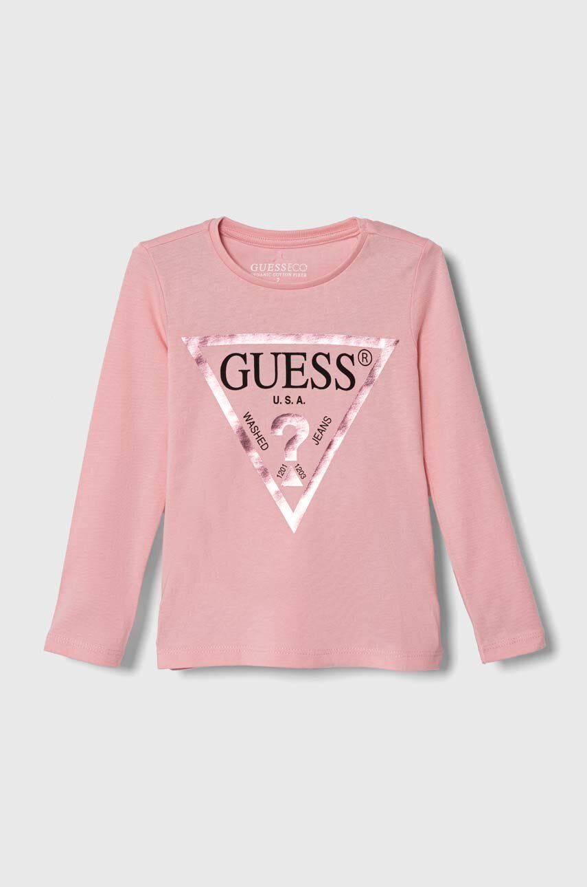 Detská bavlnená košeľa s dlhým rukávom Guess ružová farba