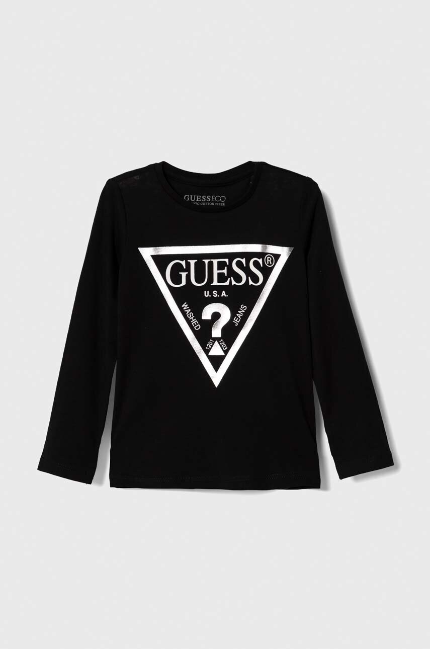 Levně Dětské bavlněné tričko s dlouhým rukávem Guess černá barva