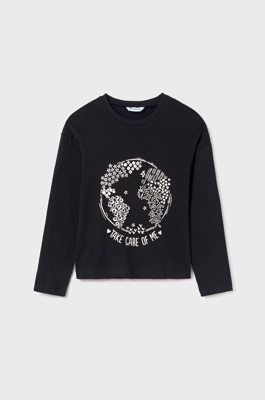 Levně Dětské bavlněné tričko s dlouhým rukávem Mayoral černá barva
