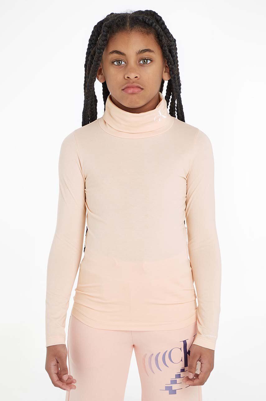 Dětské tričko s dlouhým rukávem Calvin Klein Jeans růžová barva, s golfem