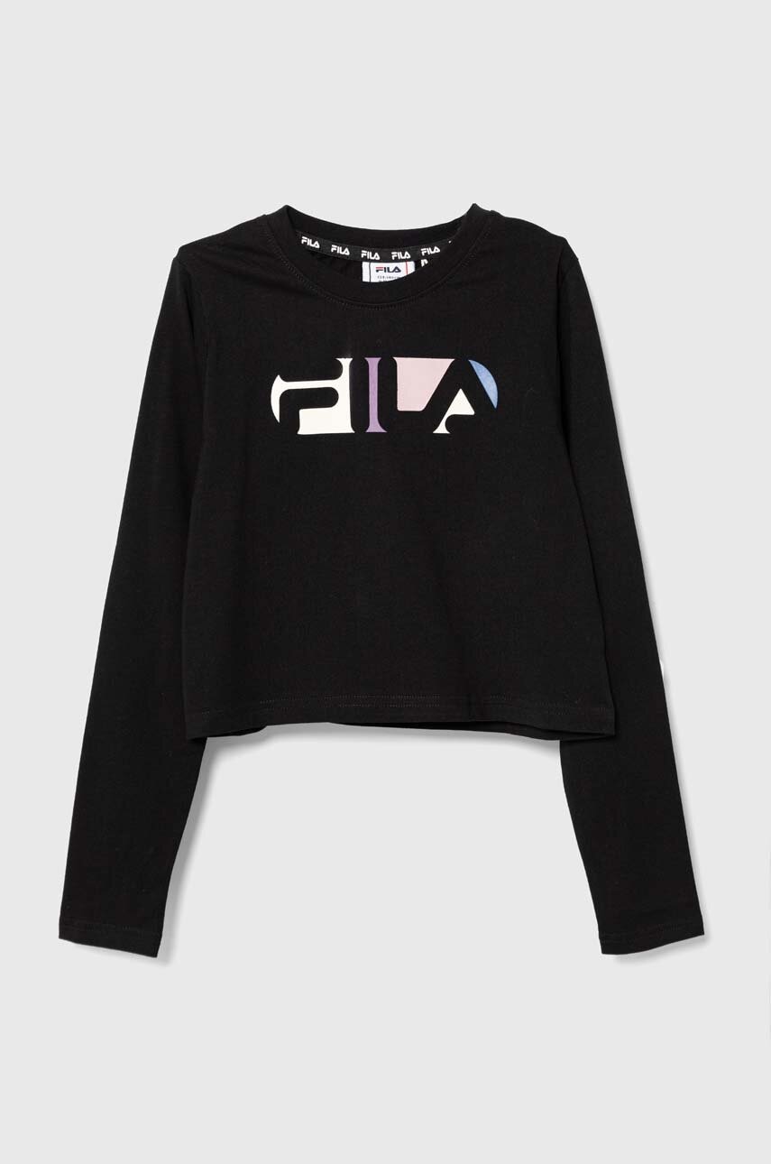 Levně Dětská bavlněná košile s dlouhým rukávem Fila BIEBERN cropped longsleeve shirt černá barva