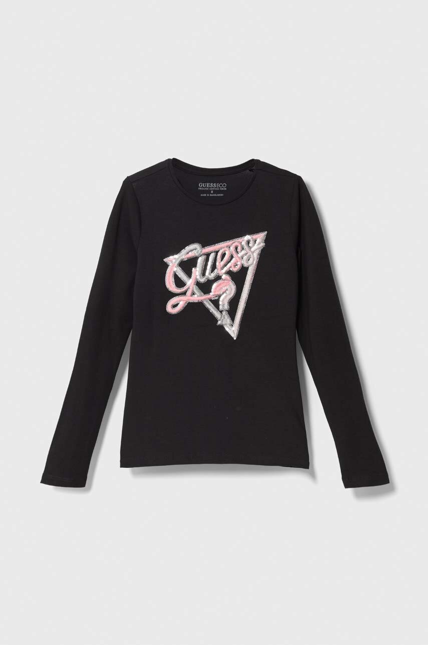 

Дитячий лонгслів Guess колір чорний