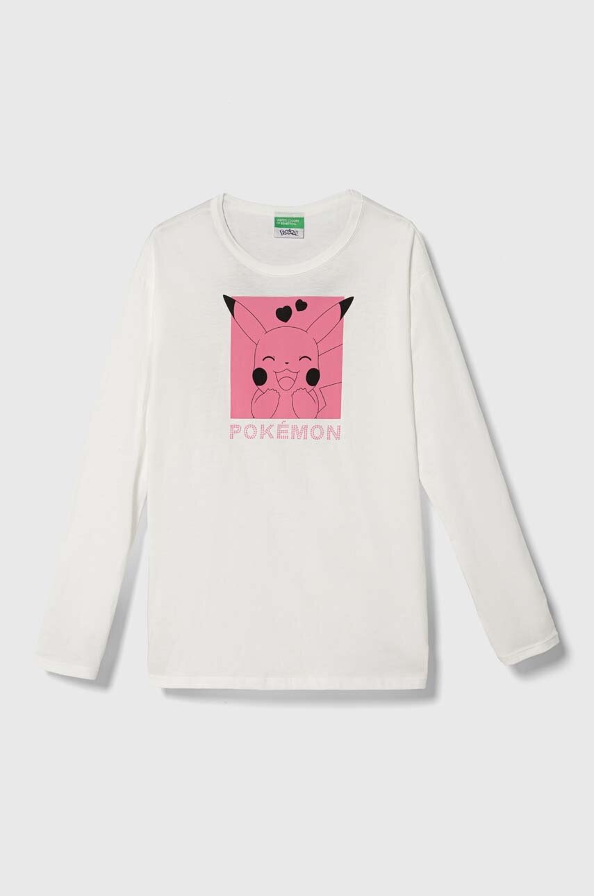 United Colors of Benetton longsleeve din bumbac pentru copii x Pokemon culoarea alb