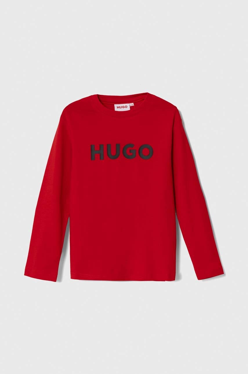 

Детска блуза с дълги ръкави HUGO в бежово с принт, Червен