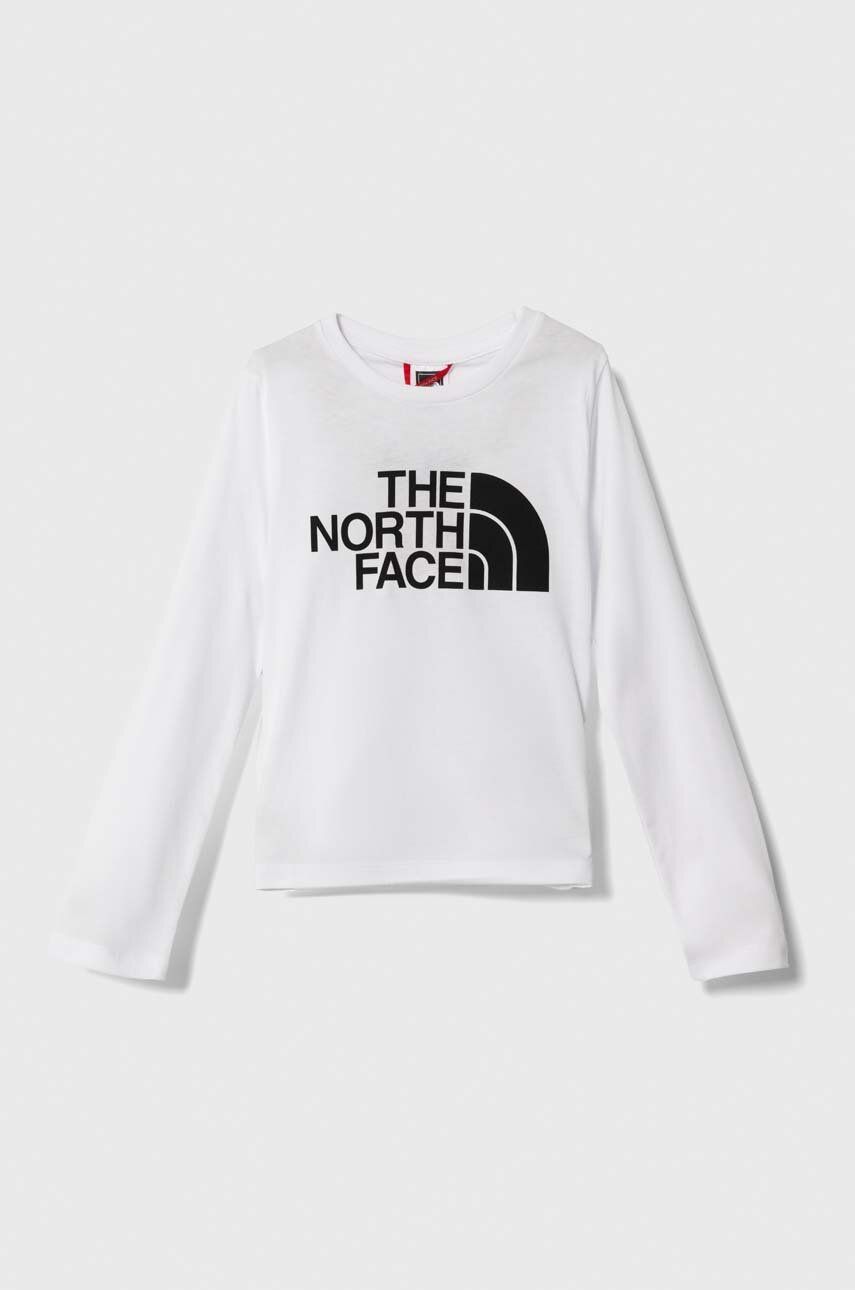 Levně Dětské bavlněné tričko s dlouhým rukávem The North Face L/S EASY TEE bílá barva, s potiskem
