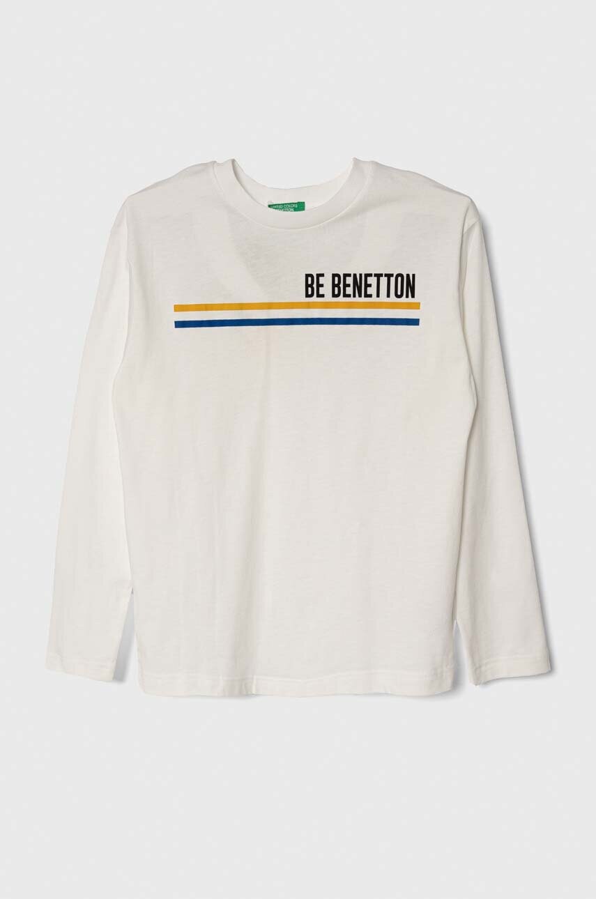 

Дитячий бавовняний лонгслів United Colors of Benetton колір білий з принтом