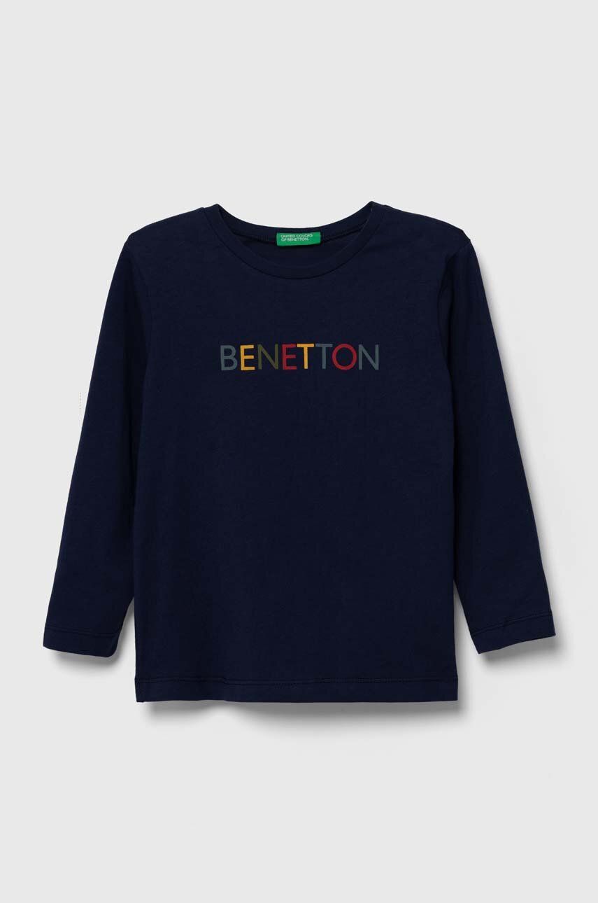 United Colors of Benetton longsleeve din bumbac pentru copii culoarea albastru marin, cu imprimeu
