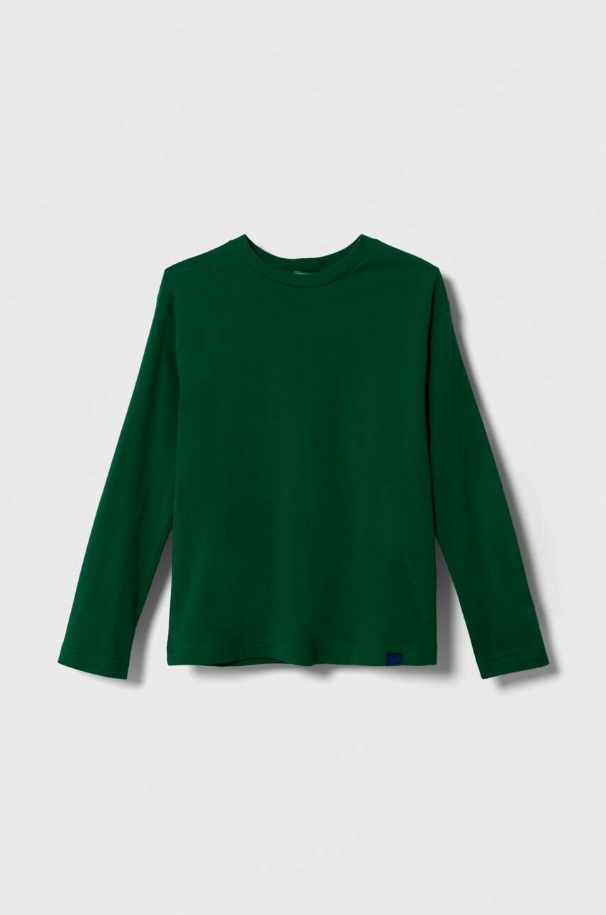 

Хлопковый детский лонгслив United Colors of Benetton цвет зелёный однотонный