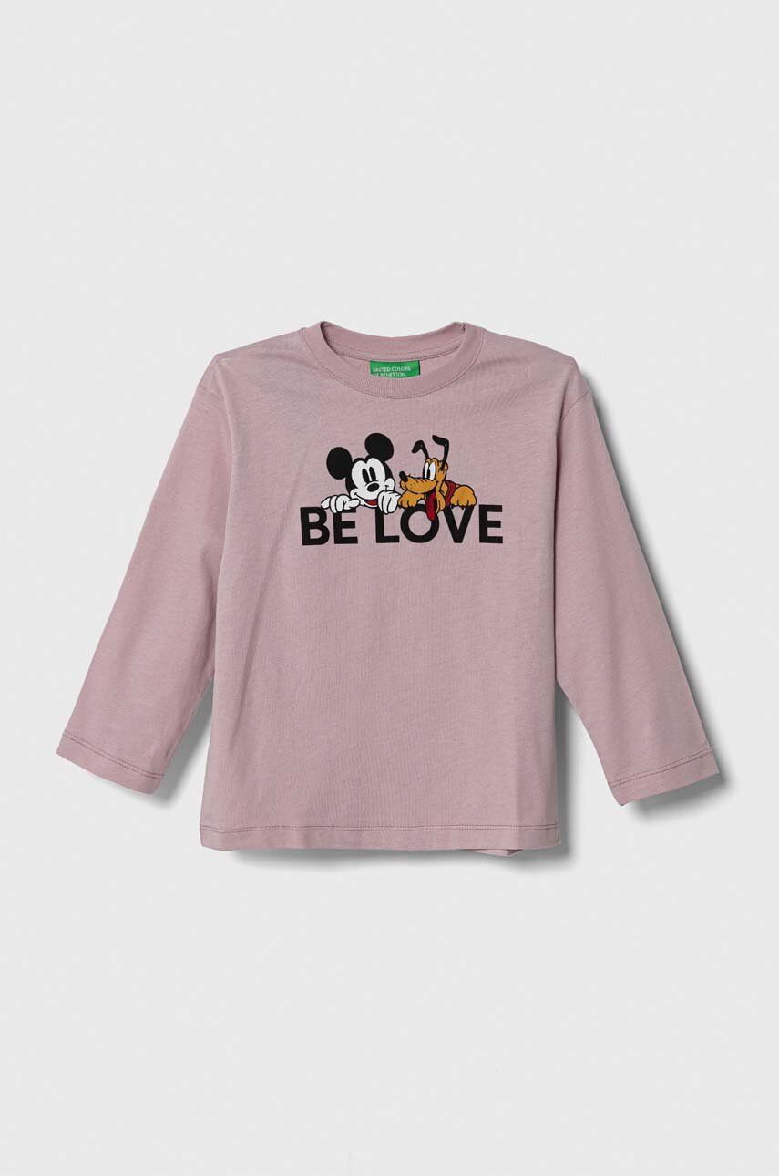 Dětská bavlněná košile s dlouhým rukávem United Colors of Benetton x Disney růžová barva, s potiskem