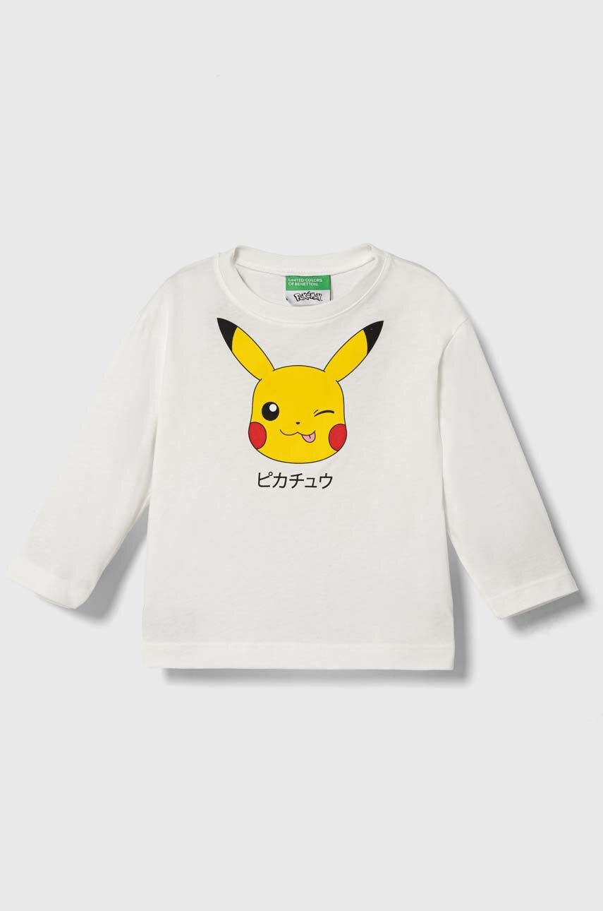 United Colors of Benetton longsleeve din bumbac x Pokemon culoarea alb, cu imprimeu