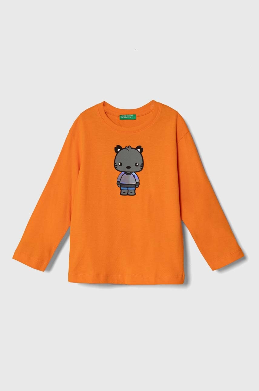 United Colors of Benetton longsleeve din bumbac pentru copii culoarea portocaliu, cu imprimeu