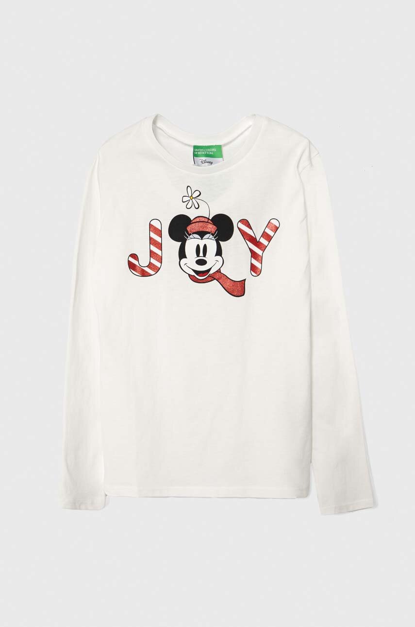 

Хлопковый детский лонгслив United Colors of Benetton x Disney цвет белый с принтом