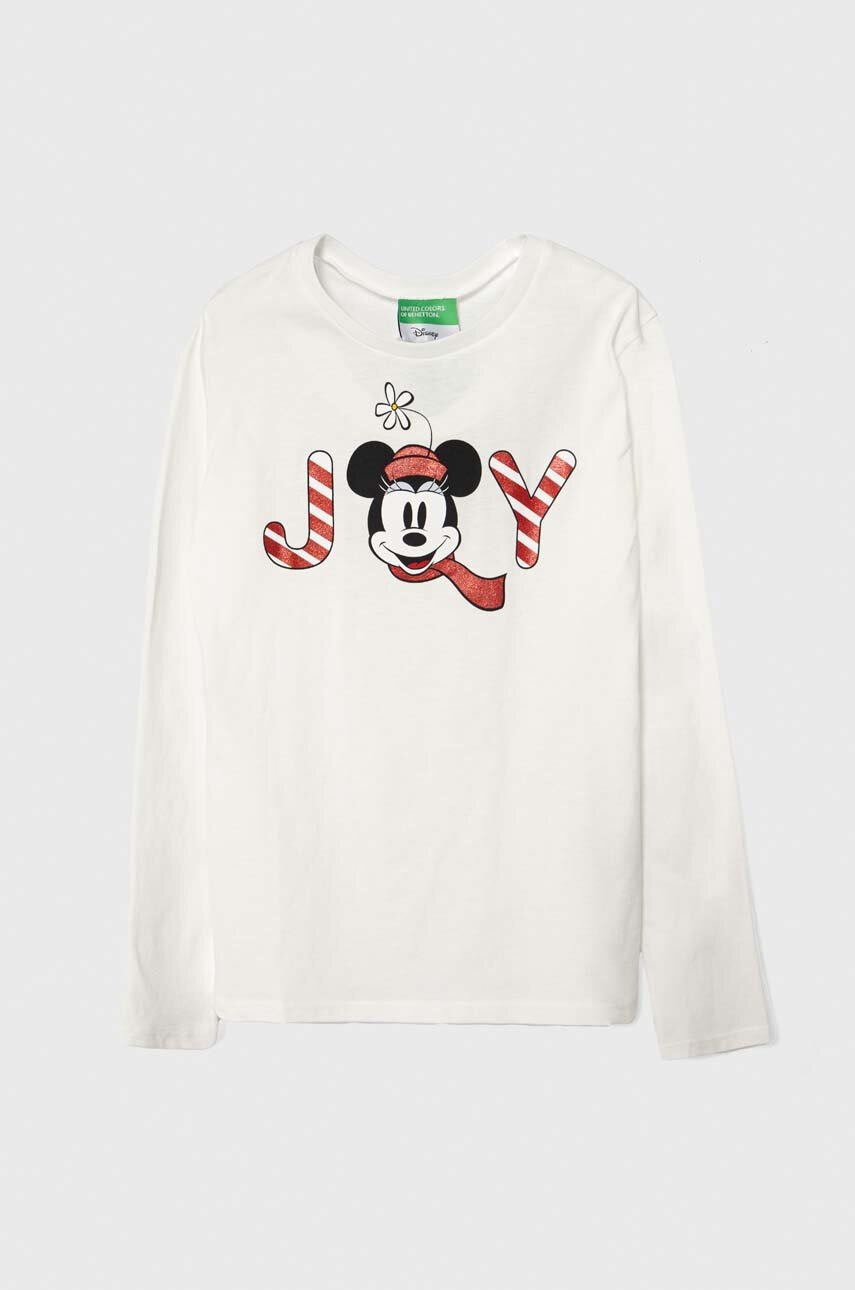 Detská bavlnená košeľa s dlhým rukávom United Colors of Benetton x Disney biela farba, s potlačou