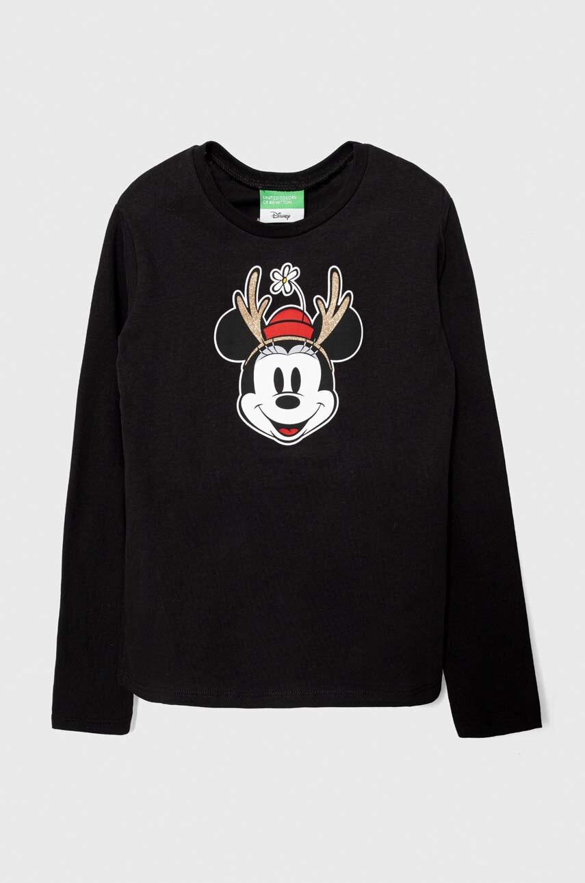 Levně Dětská bavlněná košile s dlouhým rukávem United Colors of Benetton x Disney černá barva, s potiskem