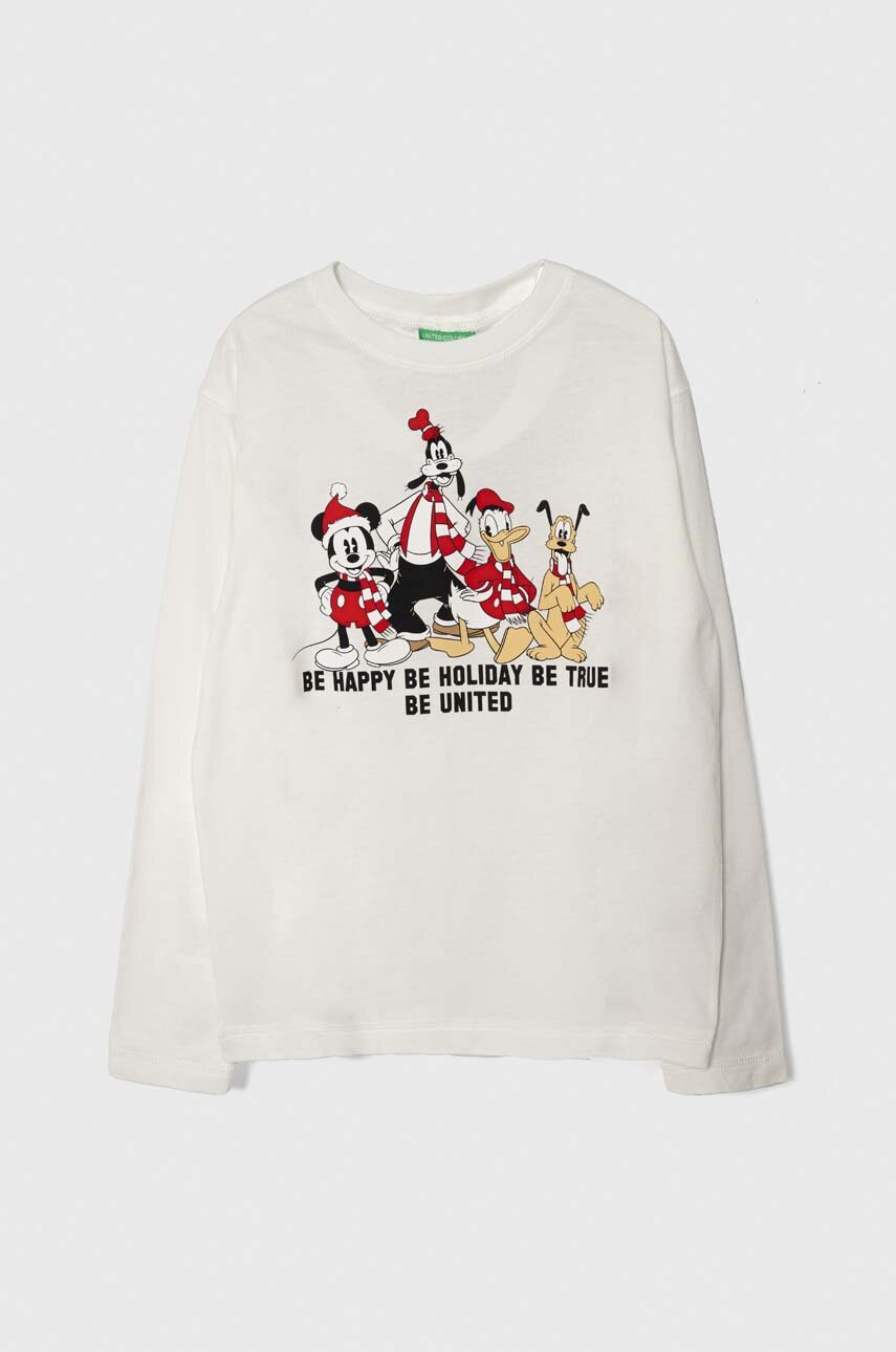 

Дитячий бавовняний лонгслів United Colors of Benetton x Disney колір білий з принтом