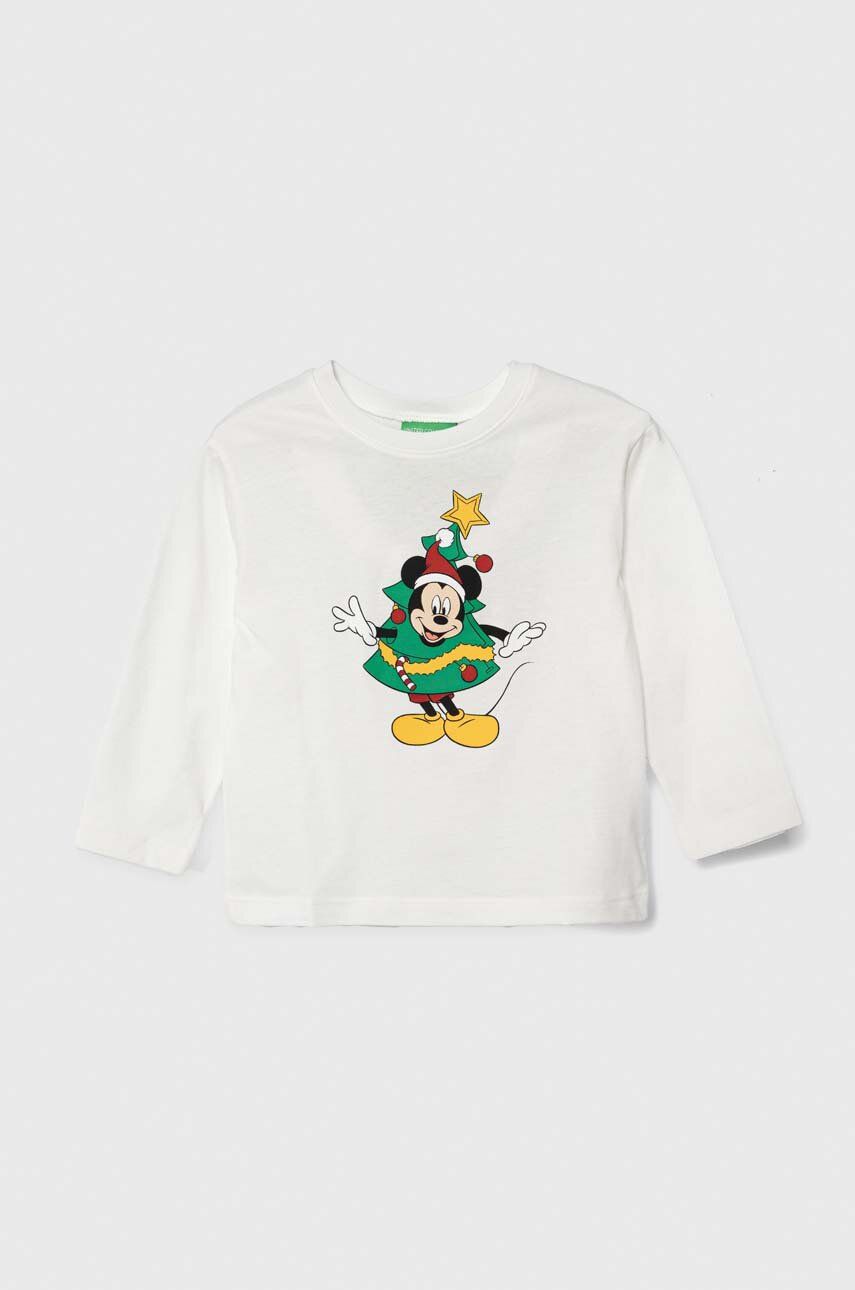Levně Dětské bavlněné tričko s dlouhým rukávem United Colors of Benetton x Disney bílá barva, s potiskem