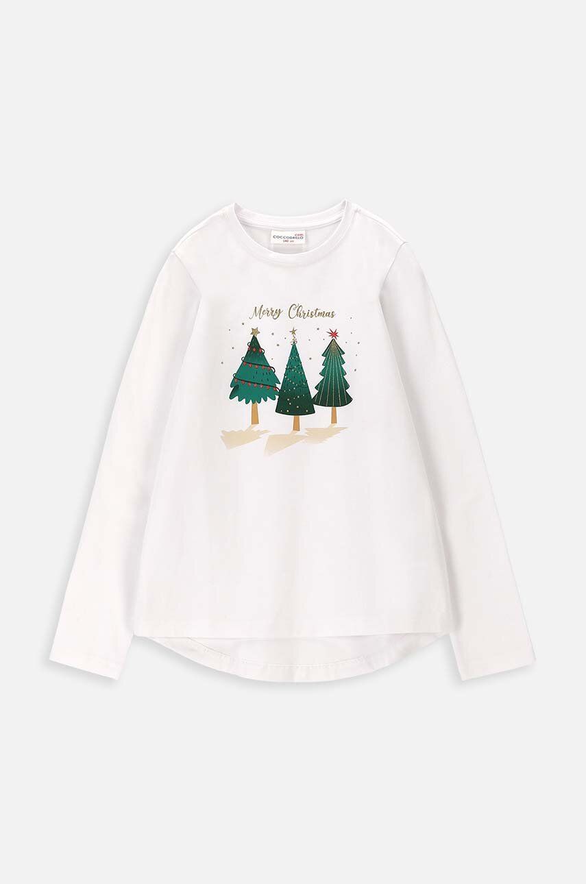 Levně Dětská bavlněná košile s dlouhým rukávem Coccodrillo bílá barva, s potiskem