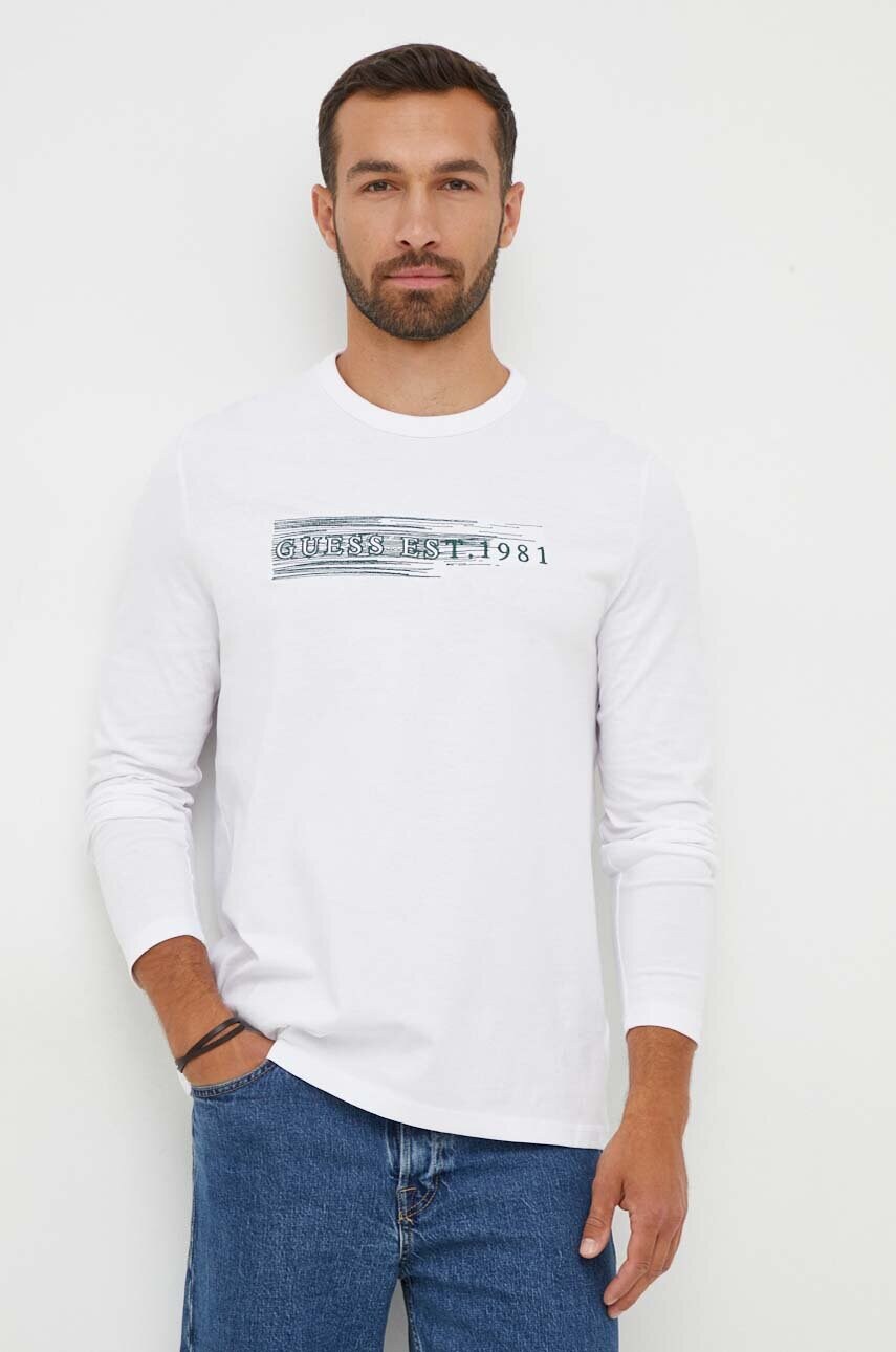 

Памучна блуза с дълги ръкави Guess в бяло с апликация, Бял